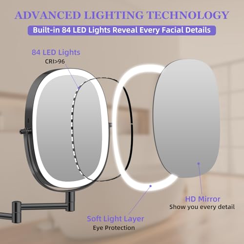 Rechargeable Wall Mounted Lighted Makeup Mirror - Black, 30x Magnification