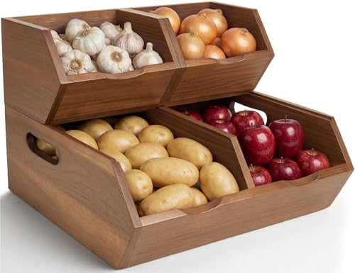 2-Tier Stackable Acacia Wood Storage Bins Set of 3 for Kitchen Pantry Organization