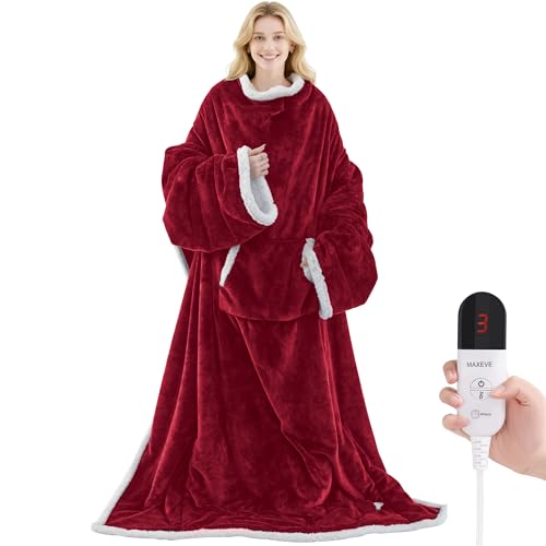 MAXEVE Heated Wearable Blanket with Foot Pocket & Sleeves - Wine, Long