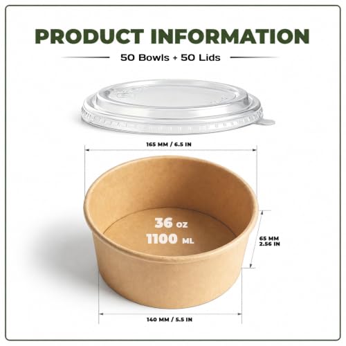 36 Oz Large Paper Bowls with Lids Bulk Pack for Hot Cold Food - 50 Pack