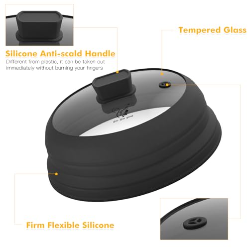 Microwave Splatter Cover Glass Lid with Collapsible Silicone Handle - 11.8 Inch Black