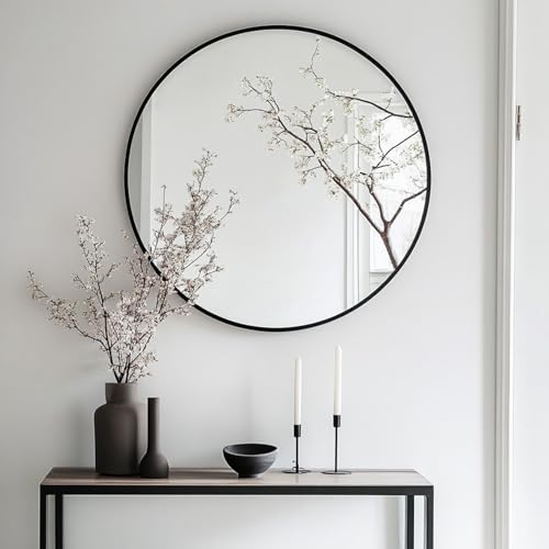 Oruii 24 Inch Black Round Mirror with Matte Black Metal Frame - Wall Mountable