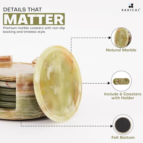 Green Onyx Marble Coasters Set of 6 with Holder - 3.5 Inch Round Natural Stone
