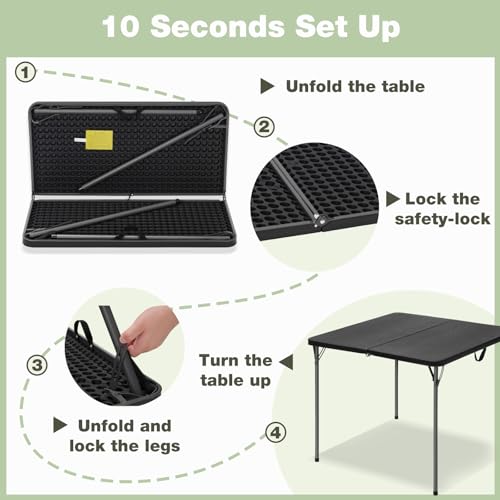 GlowitLian 34-Inch Square Folding Table for 4 People - Black - Portable Picnic & Party Table