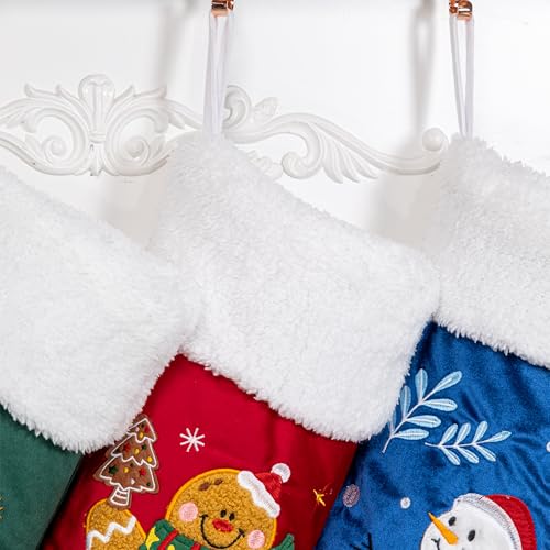 BHD BEAUTY Blue & Red Christmas Stocking 4 Pack Velvet Embroidery Holiday Decor