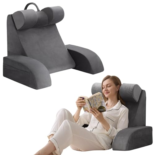 Velorose Medium 19-Inch Reading Pillow for Sitting Up in Bed, Grey, Flip-Up Headrest