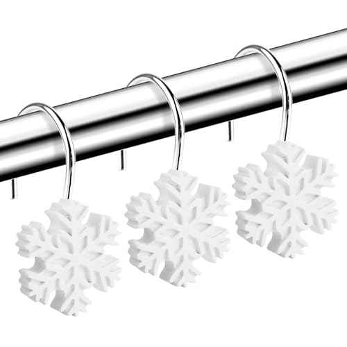 Snowflake Decorative Shower Curtain Hooks, 12-Pack Christmas Winter Decorative Snowflake Shower Hooks for Bathroom Decor Rust Proof Shower Curtain Rings Hangers (Snowflake)