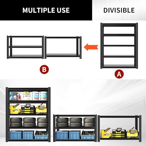 Heavy Duty Garage Shelving Unit - 72 Inch H, Black, 2500 lbs Capacity, Adjustable 5 Tiers, Metal Storage Racks for Workshop Basement Home Office