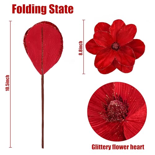 Sggvecsy 10Pcs Red Christmas Glitter Magnolia Flower Ornaments Artificial Poinsettia for Holiday Decor