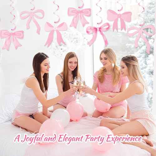 28 Pcs Bow Birthday Decorations Coquette Bow Birthday Hanging Swirls Decorations for Bridal Shower Party Supplies Wedding Christmas Party(Pink)