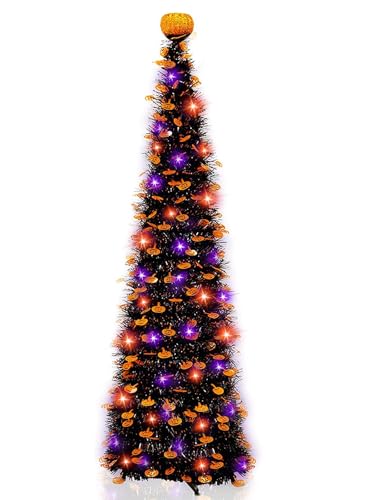 TURNMEON 5ft Black Tinsel Halloween Tree with Lights and Pumpkins