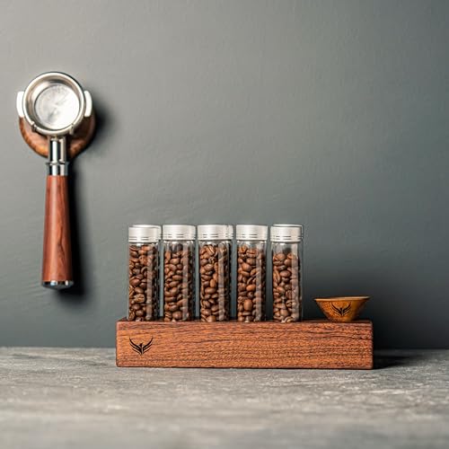 Coffee Bean Storage Tubes Set with Wooden Stand & Funnel - Airtight Glass Vials for Espresso & Filter Coffee, 10 Pieces