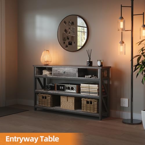 Grey Oak 39 Inch Console Sofa Table with Drawer and Shelves - Entryway & Living Room Storage