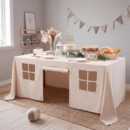 Large Kids Playhouse Tablecloth - 10ft x 7.5ft Beige Play Fort with Windows & Doors