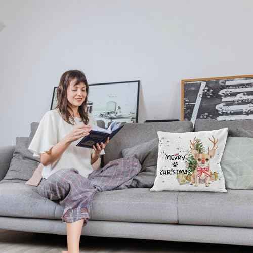 Chihuahua Christmas Pillows Covers 18x18, Merry Christmas Dog Pillow Covers for Couch Bed, Chihuahua Gifts for Women£¬Chihuahua Dog Christmas Decorations for Living Room Bedroom