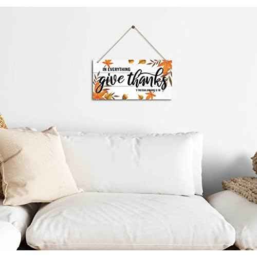 Thanksgiving Door Sign Decor, In Everything Give Thanks, Fall Autumn Seasonal Wall Art Hanging Wooden Sign Halloween Thanksgiving Decorations for Home Party Outside Indoor