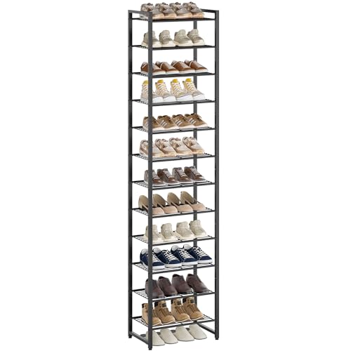 Nunsino Narrow 12-Tier Metal Shoe Rack - Black, Space-Saving Shoe Organizer for Closet & Entryway