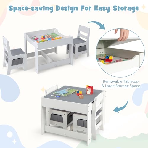 Kids Art & Craft Table Set with Storage - Gray & White, 24.5 x 24.5 inches