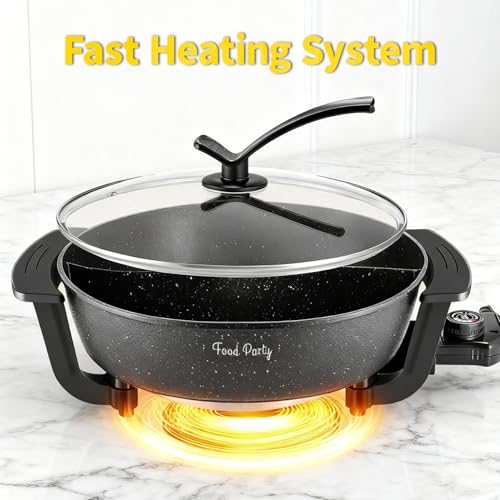 Food Party 6L Electric Hot Pot with Divider, 5-Level Temp Control, Fast Boil, Non-Stick