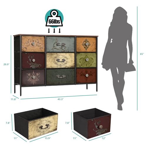 VASICAR Bedroom Dresser with 9 Deep Fabric Drawers - 11.8"D x 43.3"W x 29.9"H, Pattern Variation