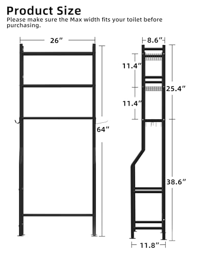 Livilord Black 3-Tier Over Toilet Storage Rack, 64" H, Anti-Tip