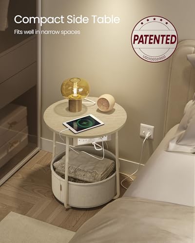VASAGLE Cream White Round End Table with Charging Station & Fabric Basket