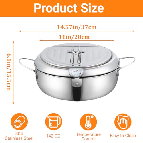 BEIYUANYA 4.2L Stainless Steel Deep Fryer Pot with Thermometer & Oil Drain Rack