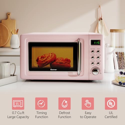 Pink Small Microwave Oven - 0.7 Cu.ft Countertop Retro Compact Kitchen Appliance - COSTWAY