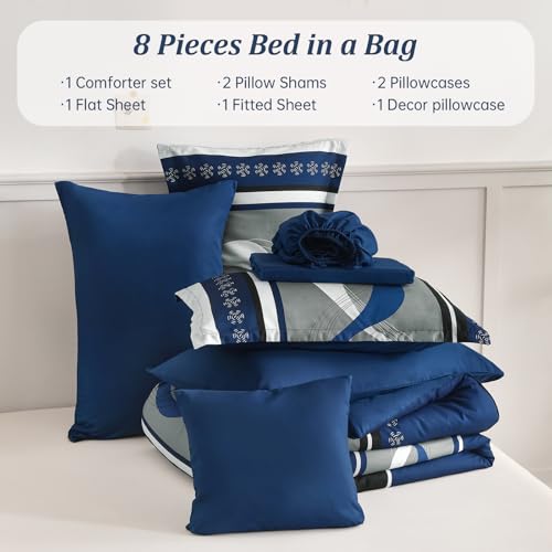 King Size Comforter Set Navy Blue Boho Bed in a Bag - Patchwork Design