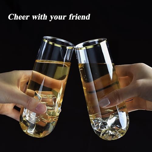Bestluck 48 Pack 9 oz Disposable Plastic Champagne Flutes Gold Rim for Parties