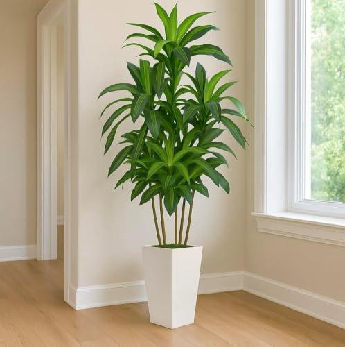Artificial Dracaena Tree 7FT with White Tall Planter - Realistic Indoor Floor Plant - Variation: White 7ft