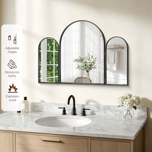 GLASHOM Black 36 x 24 Inch Arched Tri-Fold Vanity Mirror - Wall Mount/Tabletop