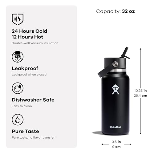 Insulated Stainless Steel Water Bottle 32 Oz with Leakproof Flex Straw Lid - Cold Up to 24H