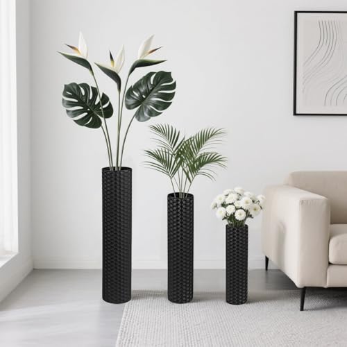Set of 3 Black Tall Metal Floor Vases with Honeycomb Texture - Modern Decor