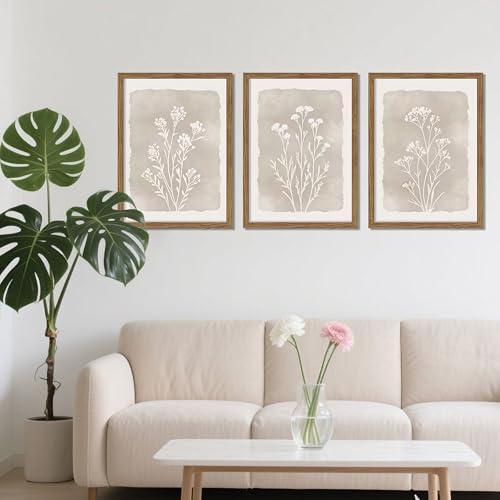 Gray Flowers Framed Botanical Wall Art Set of 3 - 16x24 Inch Rustic Floral Prints