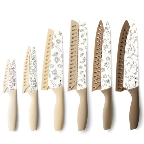 CAROTE Kitchen Knife Set, 6 Floral Knives with Blade Guards, 12-Piece