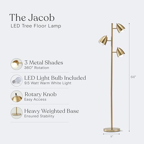 Brightech Jacob LED Floor Lamp - Adjustable 3-Light Tree in Brass Finish