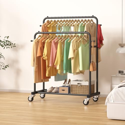 Black Double Rod Garment Rack with Wheels & Hooks, Multi-Functional Clothes Organizer