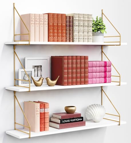 36 Inch Floating Wall Shelves with Gold Rail - White and Gold Book Storage