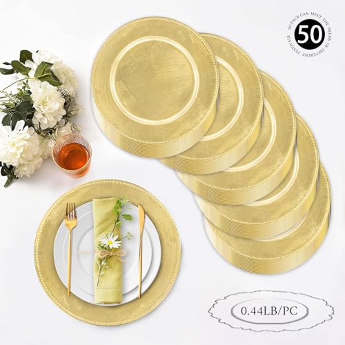 50 PCS Gold Foil Beaded Charger Plates Round Table Decor Bulk Set