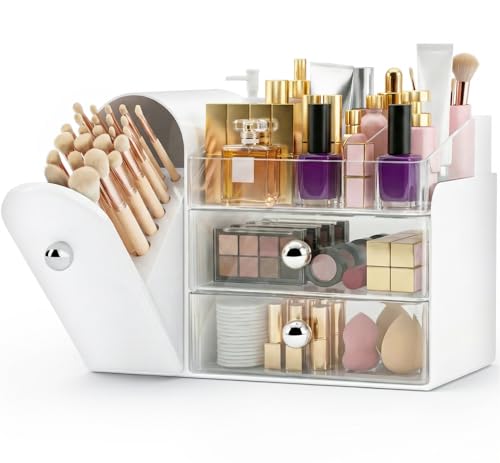 White Makeup Organizer with Brush Holder, Large Capacity, Dustproof - TRQWRO