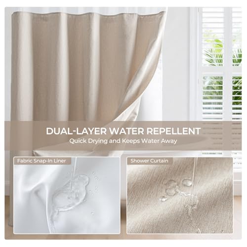 River Dream Linen Textured Shower Curtain with Liner 71x74 Inches, No Hooks, Mesh Top Window Variation