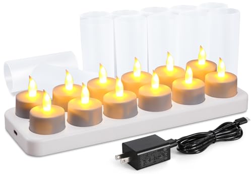 Rechargeable Flickering LED Tea Lights - 12 Pack Flameless Candles for Home & Wedding Decor