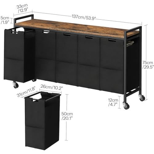 Laundry Sorter with 5 Removable Oxford Fabric Bags and Wheels - Rustic Brown & Black