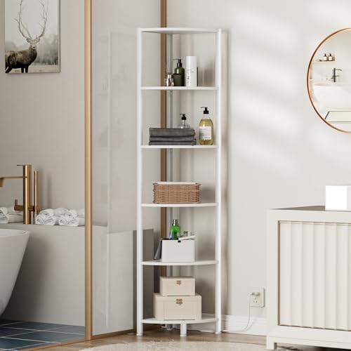 Furnulem 6-Tier Corner Shelf with LED Light - White Narrow Bookshelf