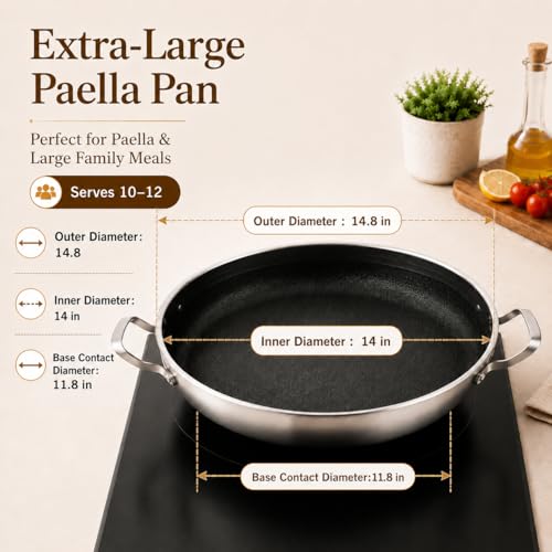 DELARLO 14 Inch Black Tri-Ply Stainless Steel Paella Pan with Lid, Induction Ready