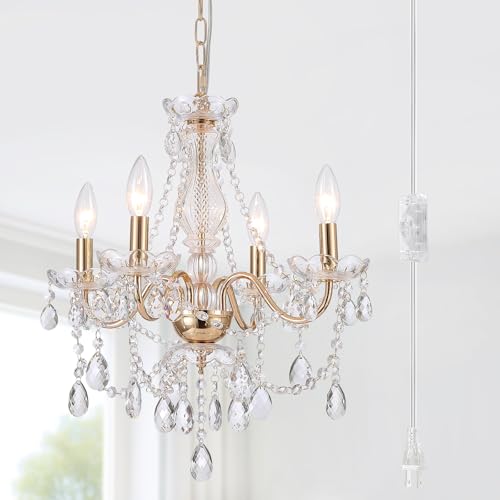 Plug-in Gold Crystal Chandelier French Country Pendant Lighting - 4 Light