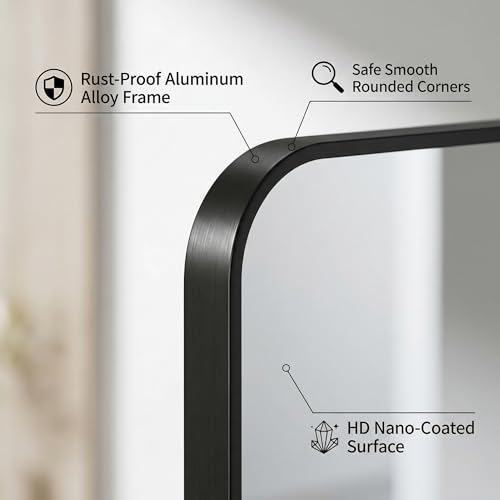 Black 40 Inch x 32 Inch Bathroom Wall Mirror - Brushed Metal Frame, Tempered Glass
