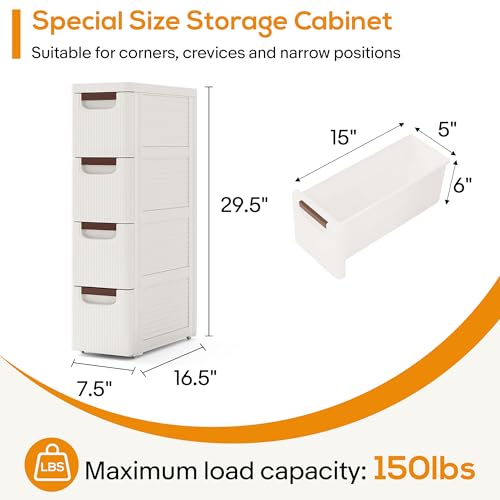 4-Drawer Slim Bathroom Storage Cabinet - Narrow Rolling Cart Organizer, White, 7.5x16.5x28.9 inches