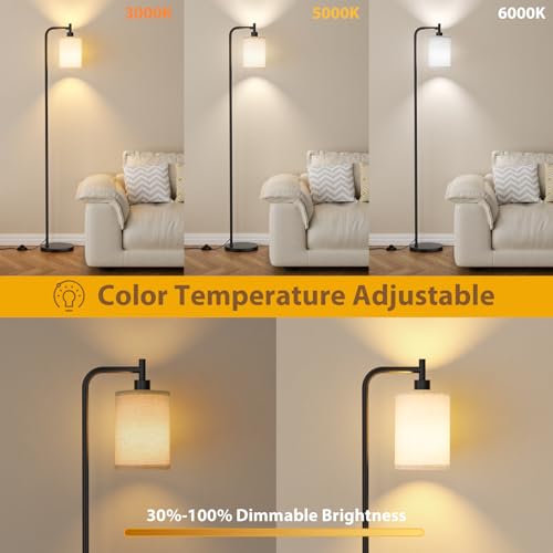 64-Inch Dimmable Floor Lamp with Remote & Foot Switch - Beige Shade, Black Pole, 9W LED Included - Beige-Black